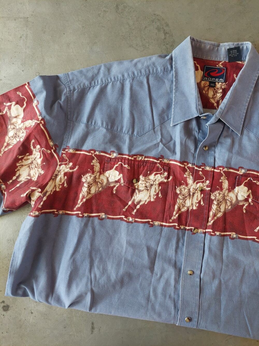 Roper Shirt Mens 3XL Bull Rider Blue Red Wrap Around Pearl Snap Short Sleeve